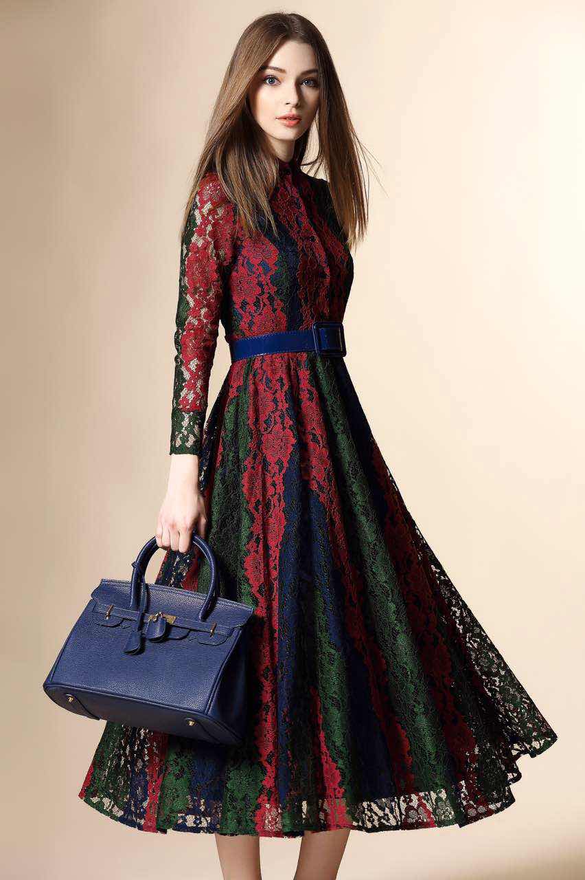 英伦复古红翠绿拼色蕾丝连衣裙女早春...