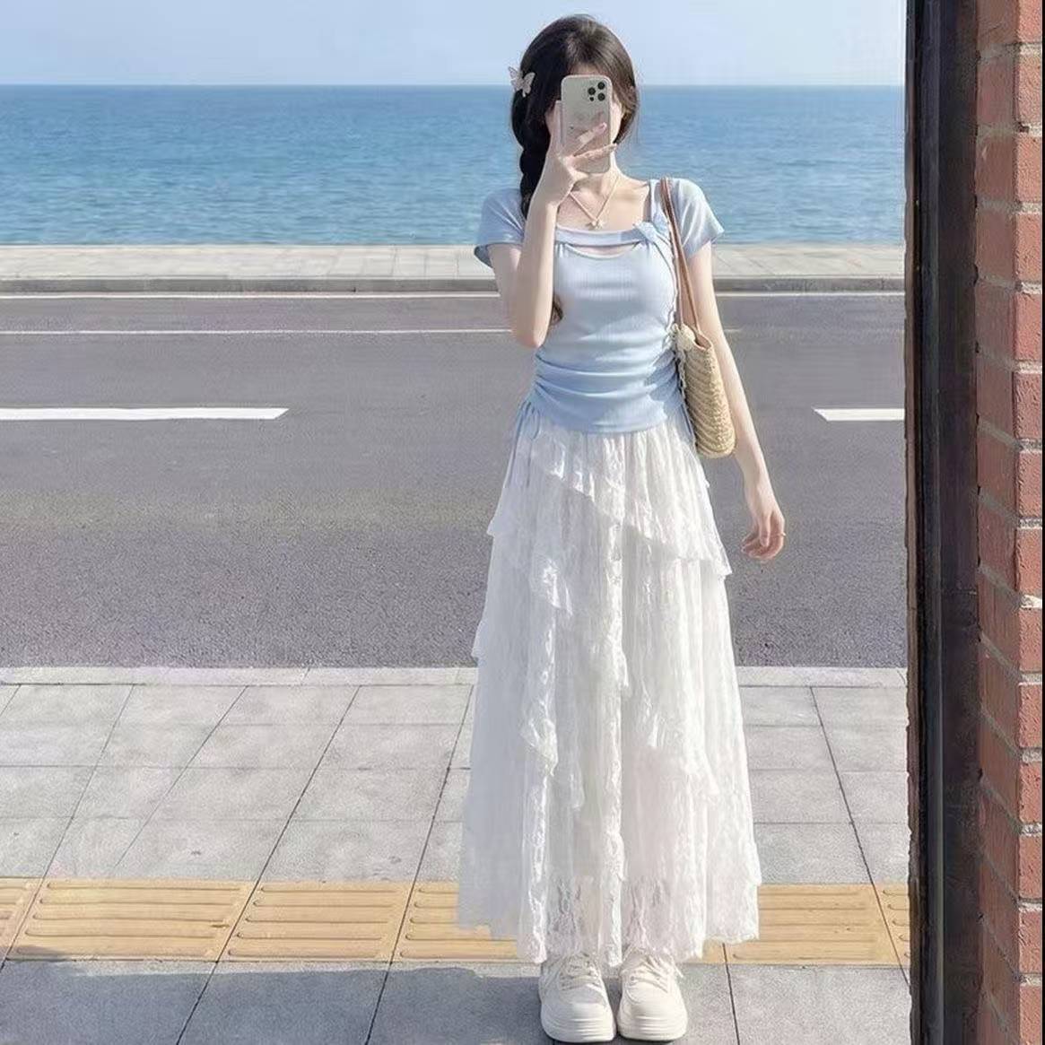 夏日氛围感甜美海边蕾丝拼接半身裙2...