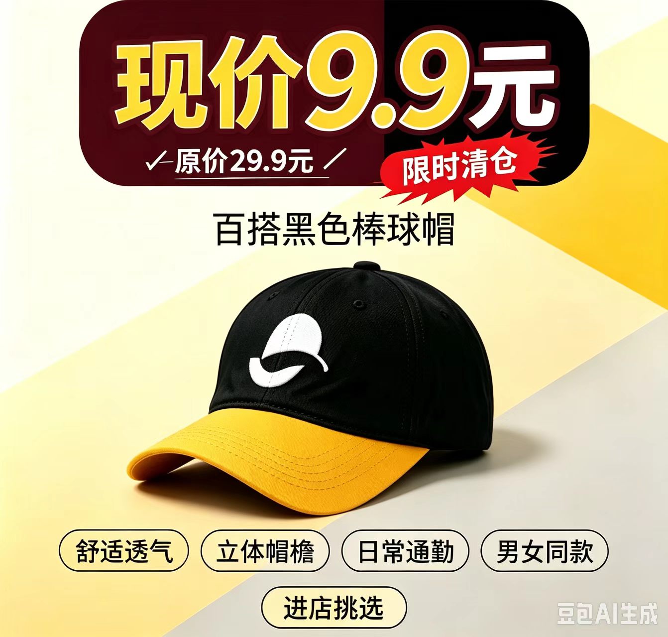 新款黑黄拼色棒球帽 个性刺绣标识...