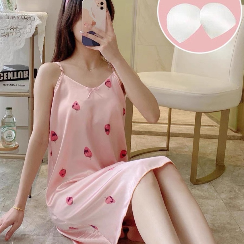 冰丝睡裙女夏季带胸垫性感吊带印花中...