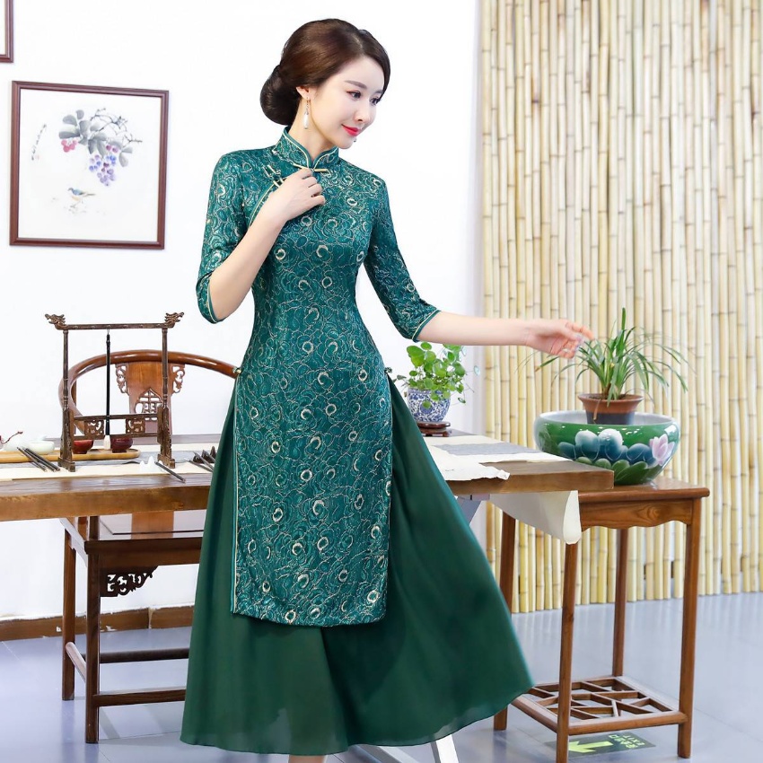 秋冬新款七分袖奥黛旗袍...