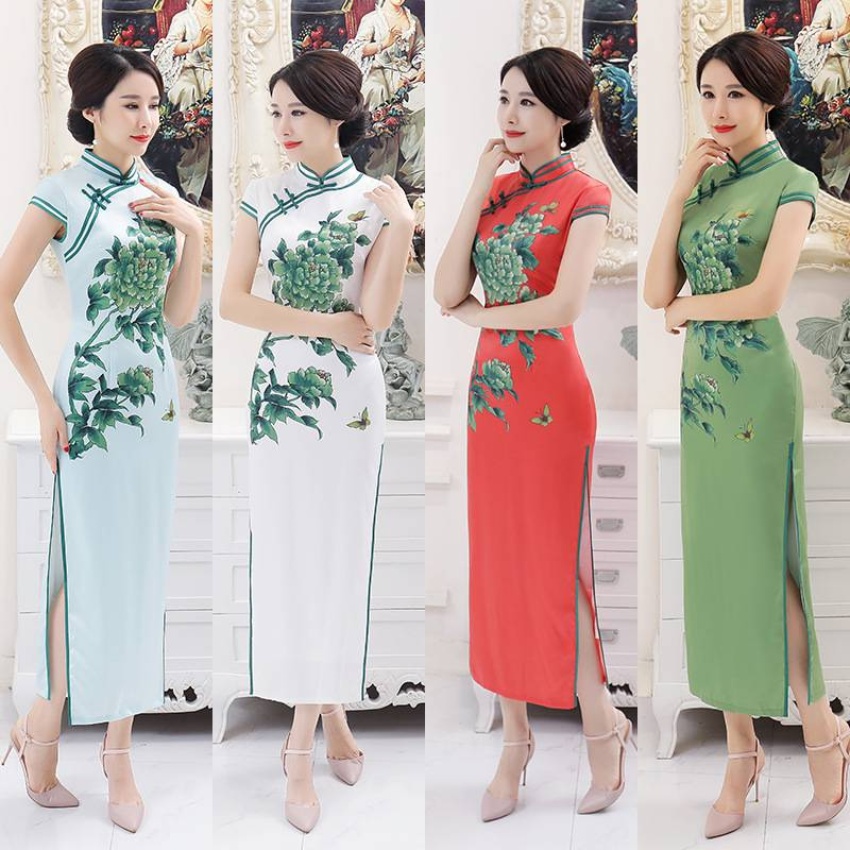 新款春季四色定位花长款走秀旗袍立领...