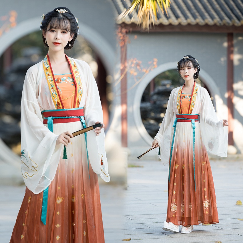 汉服女汉元素刺绣对襟上衣襦裙渐变日...