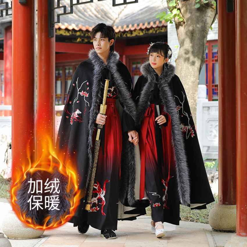 汉服九尾狐重工刺绣花斗篷情侣CP连...