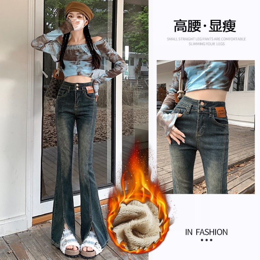 牛仔微喇裤女2023年早秋新款加绒...