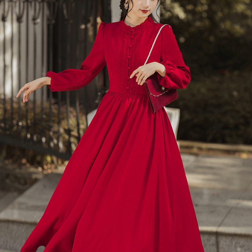 2025复古法式秋冬女设计感蕾丝红...
