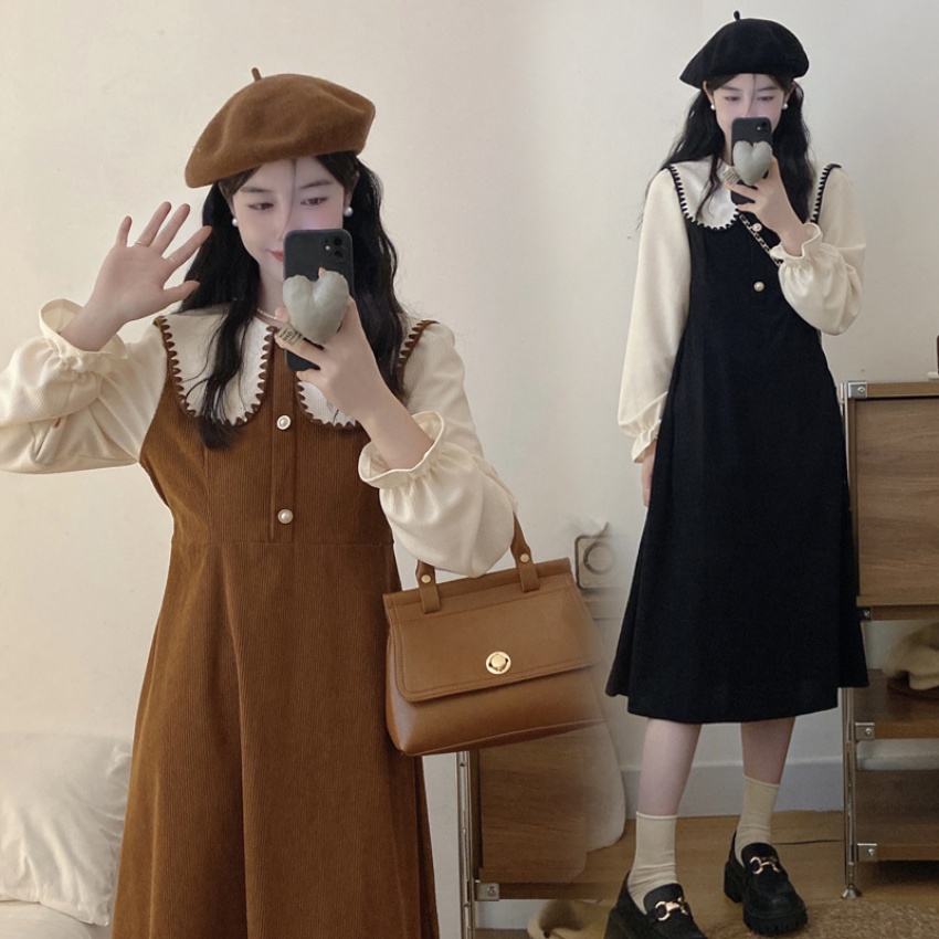 灯芯绒大码法式娃娃领连衣裙女冬季新...