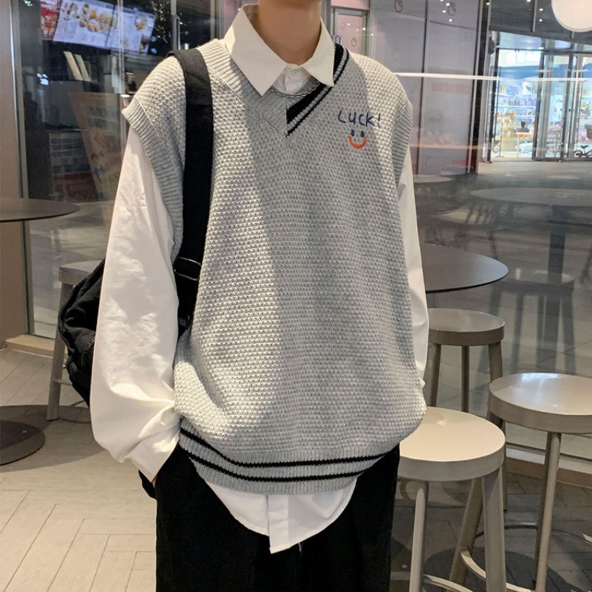 港风秋冬季复古学院风针织马甲宽松V...