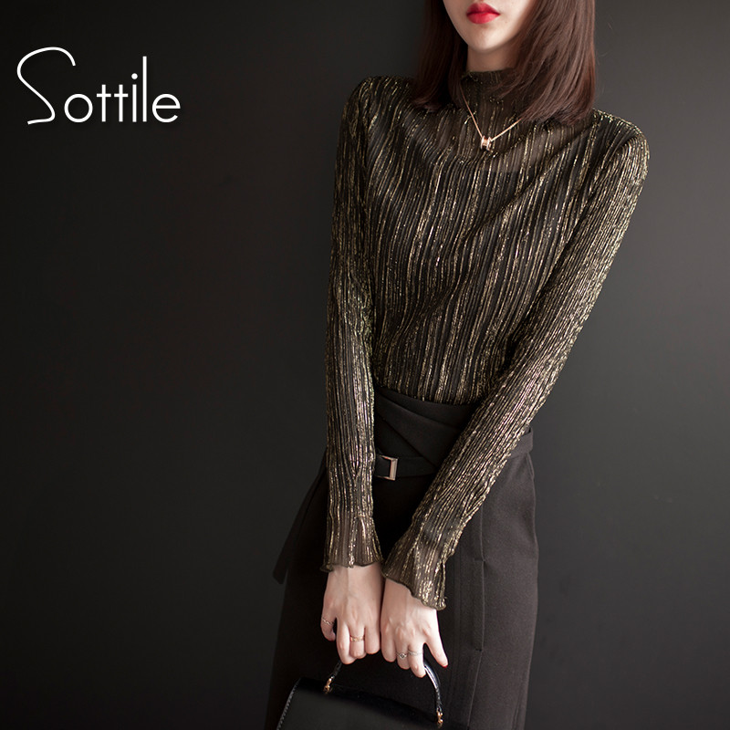 2018秋冬新款韩版亮丝网纱加绒打...